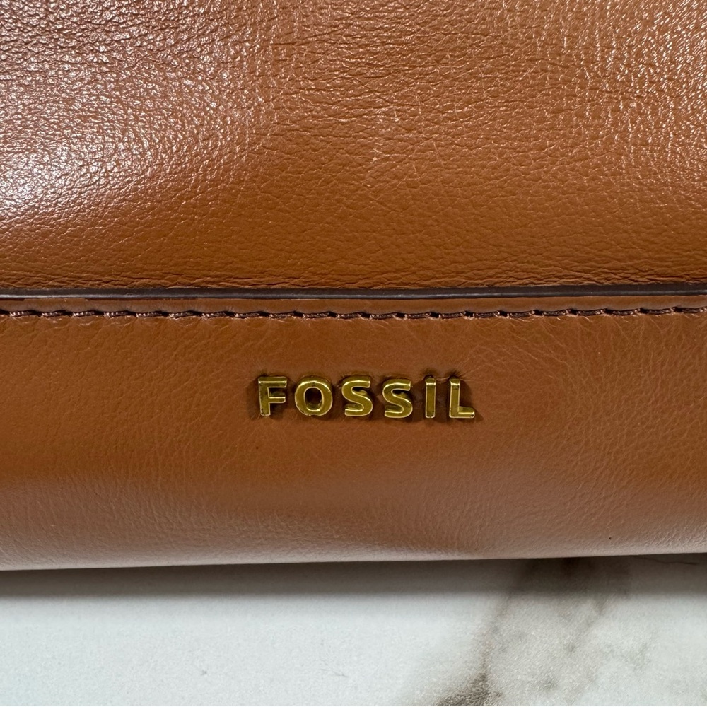 Fossil Reversible Slouchy Brown Tan Leather Metallic Rose Gold Handbag Tote Bag - Picture 10 of 16